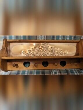Vtg Wood and Copper Hanging Wall Shelf Heart Cut Outs 4 Pegs Pineapple